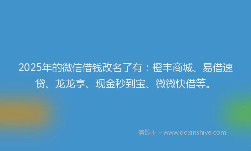 2025年的微信借钱改名了有：橙丰商城、易借速贷、龙龙享、现金秒到宝、微微快借等。