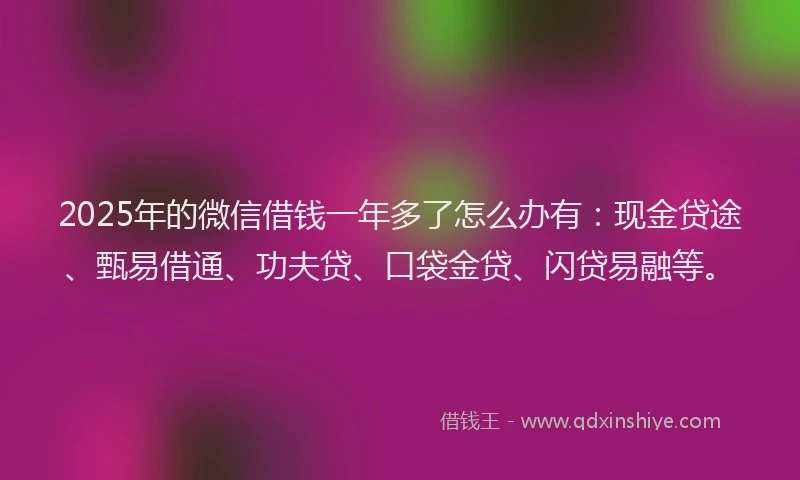 2025年的微信借钱一年多了怎么办有：现金贷途、甄易借通、功夫贷、口袋金贷、闪贷易融等。