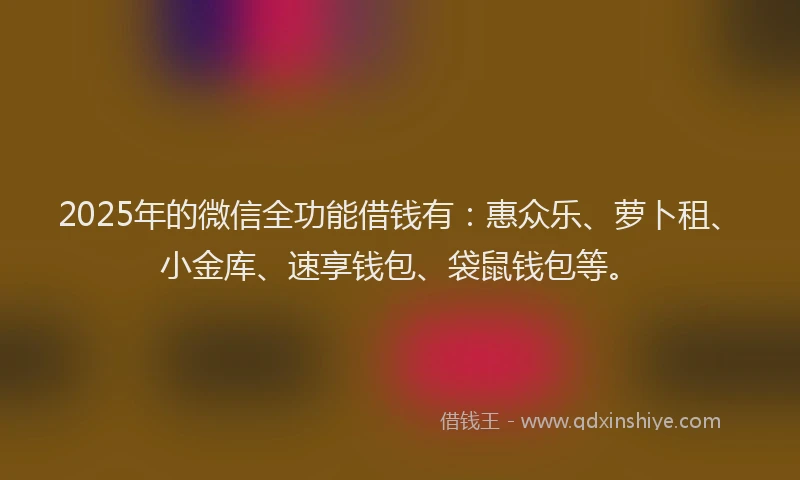 2025年的微信全功能借钱有：惠众乐、萝卜租、小金库、速享钱包、袋鼠钱包等。
