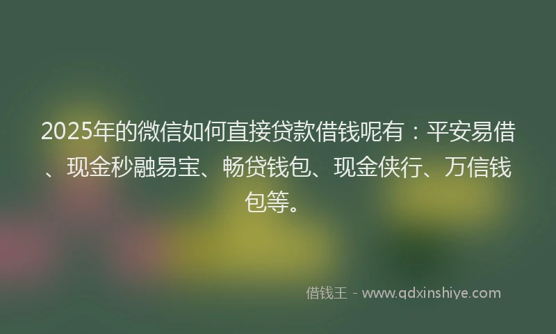 2025年的微信如何直接贷款借钱呢有：平安易借、现金秒融易宝、畅贷钱包、现金侠行、万信钱包等。