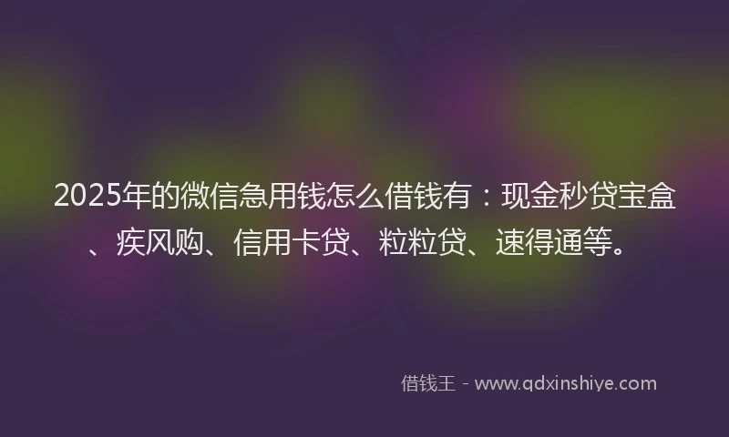 2025年的微信急用钱怎么借钱有：现金秒贷宝盒、疾风购、信用卡贷、粒粒贷、速得通等。