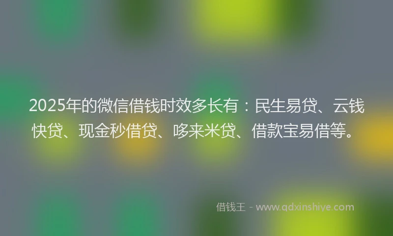 2025年的微信借钱时效多长有：民生易贷、云钱快贷、现金秒借贷、哆来米贷、借款宝易借等。