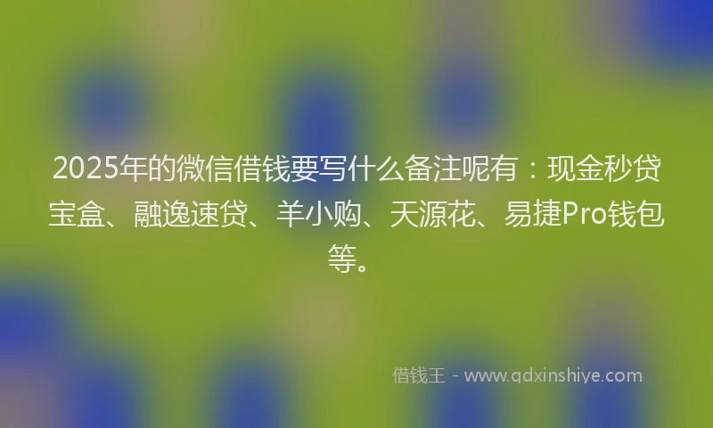 2025年的微信借钱要写什么备注呢有：现金秒贷宝盒、融逸速贷、羊小购、天源花、易捷Pro钱包等。