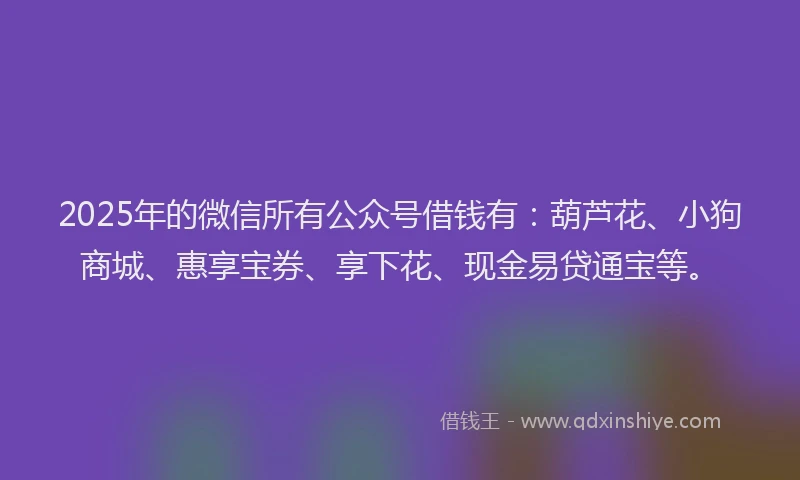 2025年的微信所有公众号借钱有：葫芦花、小狗商城、惠享宝券、享下花、现金易贷通宝等。
