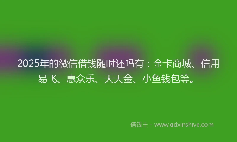 2025年的微信借钱随时还吗有：金卡商城、信用易飞、惠众乐、天天金、小鱼钱包等。