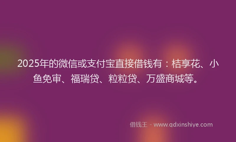 2025年的微信或支付宝直接借钱有：桔享花、小鱼免审、福瑞贷、粒粒贷、万盛商城等。