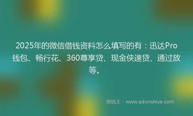 2025年的微信借钱资料怎么填写的有：迅达Pro钱包、畅行花、360尊享贷、现金侠速贷、通过放等。