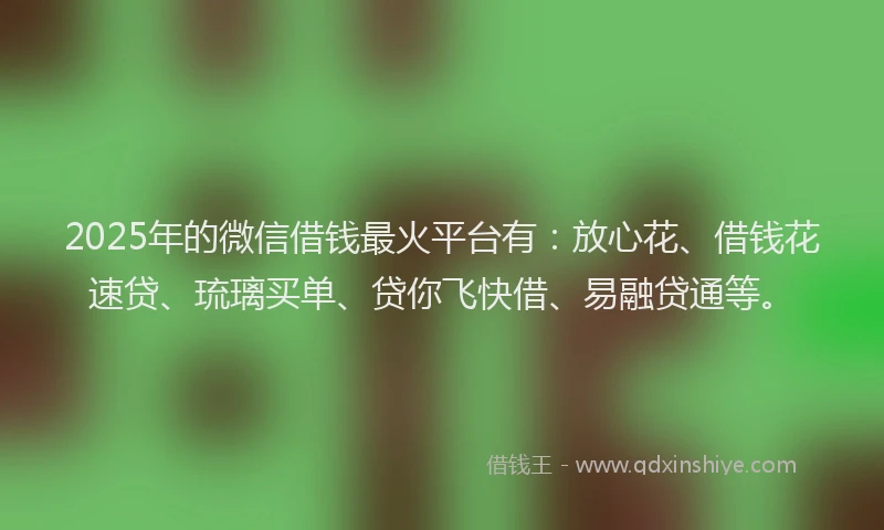 2025年的微信借钱最火平台有：放心花、借钱花速贷、琉璃买单、贷你飞快借、易融贷通等。