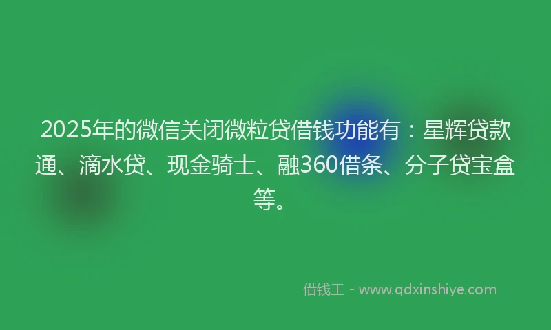 2025年的微信关闭微粒贷借钱功能有：星辉贷款通、滴水贷、现金骑士、融360借条、分子贷宝盒等。