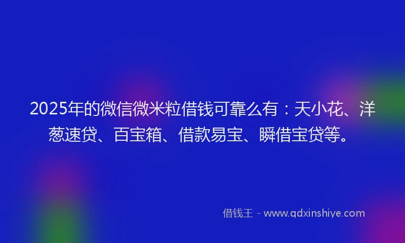 2025年的微信微米粒借钱可靠么有：天小花、洋葱速贷、百宝箱、借款易宝、瞬借宝贷等。
