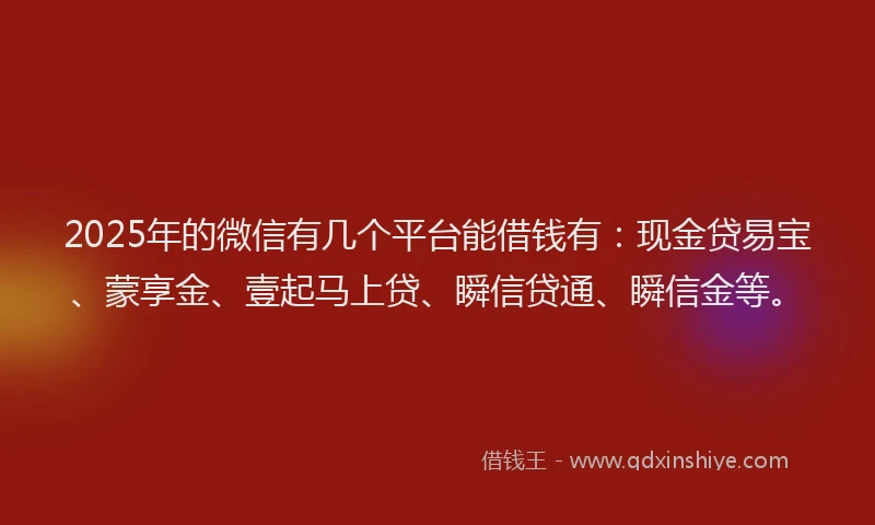2025年的微信有几个平台能借钱有：现金贷易宝、蒙享金、壹起马上贷、瞬信贷通、瞬信金等。