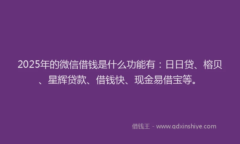 2025年的微信借钱是什么功能有：日日贷、榕贝、星辉贷款、借钱快、现金易借宝等。