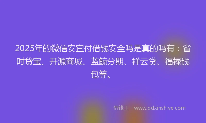 2025年的微信安宜付借钱安全吗是真的吗有：省时贷宝、开源商城、蓝鲸分期、祥云贷、福禄钱包等。