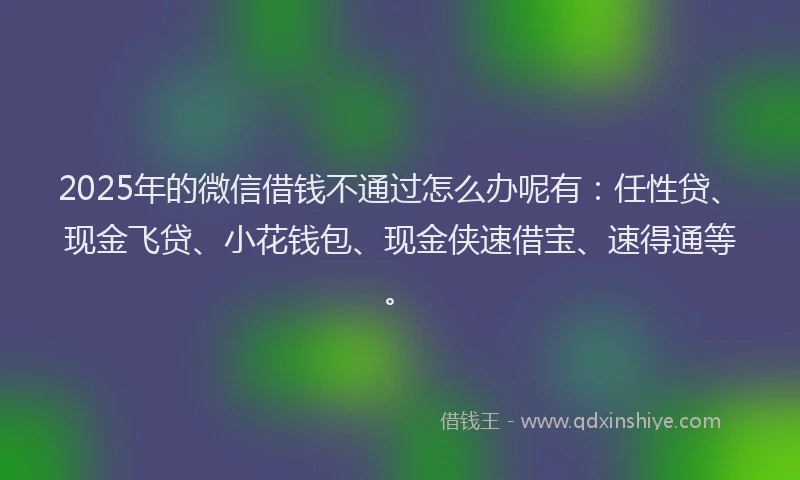 2025年的微信借钱不通过怎么办呢有：任性贷、现金飞贷、小花钱包、现金侠速借宝、速得通等。