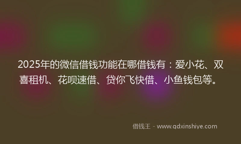 2025年的微信借钱功能在哪借钱有：爱小花、双喜租机、花呗速借、贷你飞快借、小鱼钱包等。
