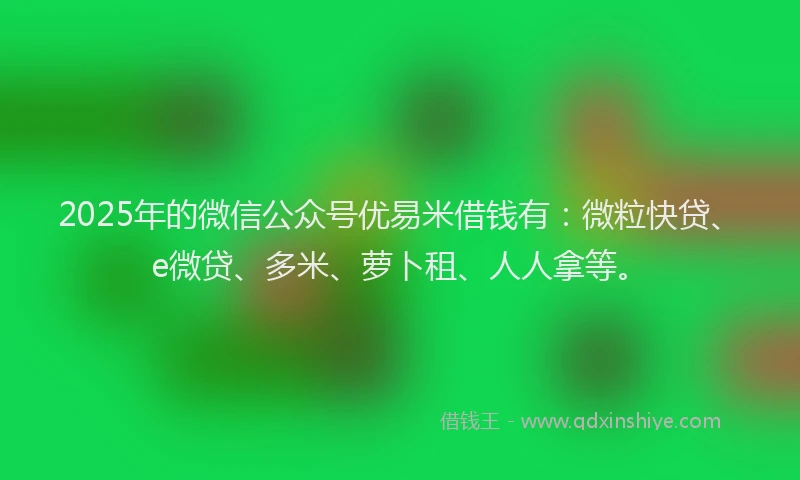 2025年的微信公众号优易米借钱有：微粒快贷、e微贷、多米、萝卜租、人人拿等。