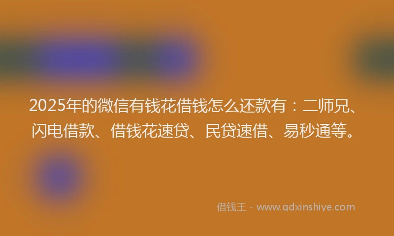 2025年的微信有钱花借钱怎么还款有：二师兄、闪电借款、借钱花速贷、民贷速借、易秒通等。