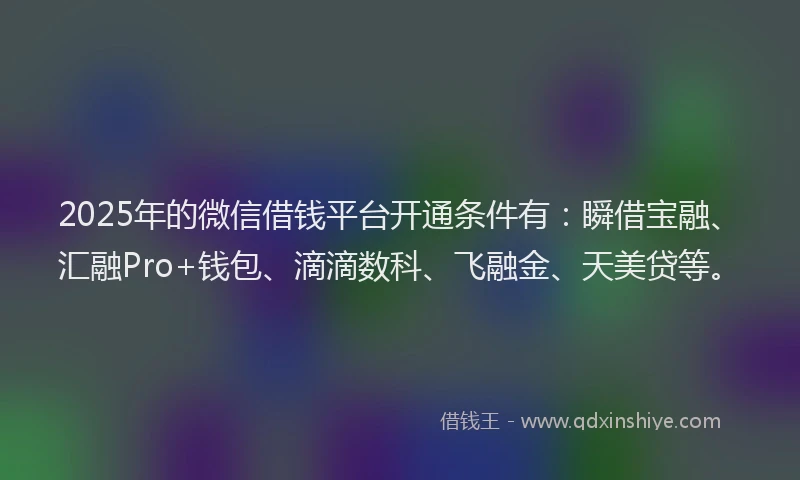 2025年的微信借钱平台开通条件有：瞬借宝融、汇融Pro+钱包、滴滴数科、飞融金、天美贷等。