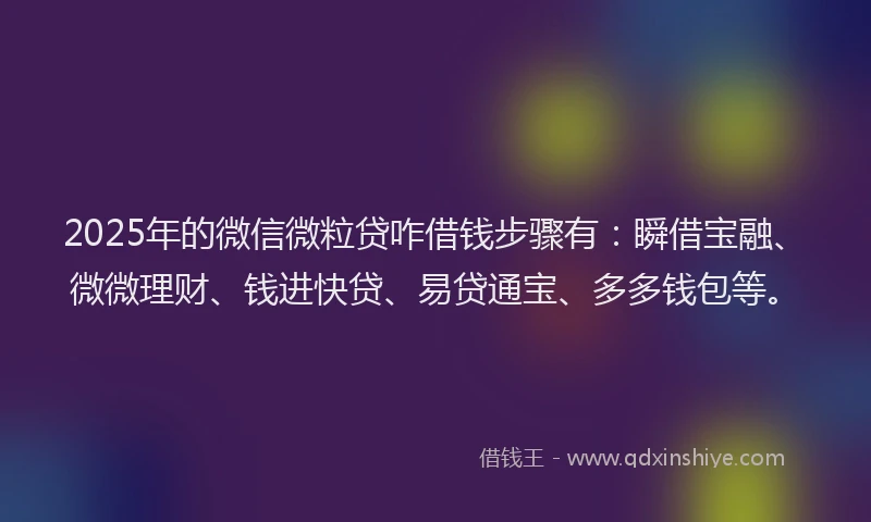 2025年的微信微粒贷咋借钱步骤有：瞬借宝融、微微理财、钱进快贷、易贷通宝、多多钱包等。