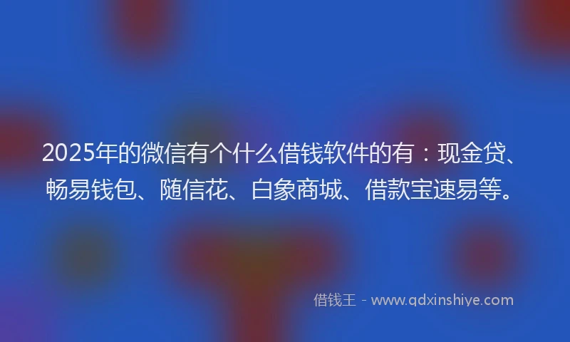 2025年的微信有个什么借钱软件的有：现金贷、畅易钱包、随信花、白象商城、借款宝速易等。