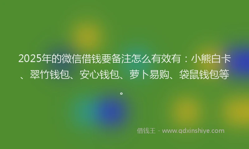 2025年的微信借钱要备注怎么有效有：小熊白卡、翠竹钱包、安心钱包、萝卜易购、袋鼠钱包等。