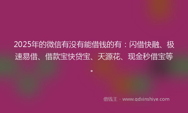 2025年的微信有没有能借钱的有：闪借快融、极速易借、借款宝快贷宝、天源花、现金秒借宝等。