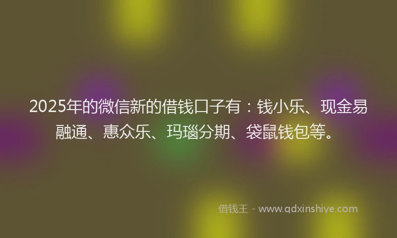 2025年的微信新的借钱口子有：钱小乐、现金易融通、惠众乐、玛瑙分期、袋鼠钱包等。