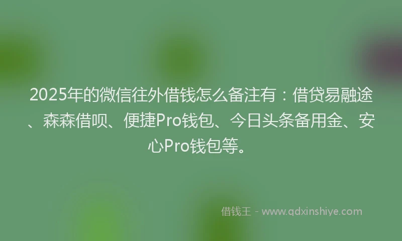2025年的微信往外借钱怎么备注有：借贷易融途、森森借呗、便捷Pro钱包、今日头条备用金、安心Pro钱包等。