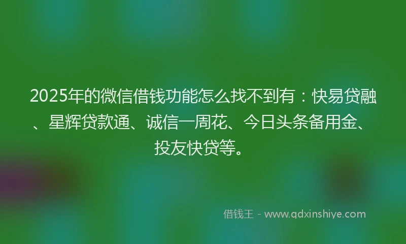 2025年的微信借钱功能怎么找不到有:快易贷融、星辉贷款通、诚信一周花、今日头条备用金、投友快贷等。