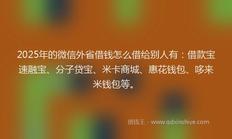 2025年的微信外省借钱怎么借给别人有：借款宝速融宝、分子贷宝、米卡商城、惠花钱包、哆来米钱包等。