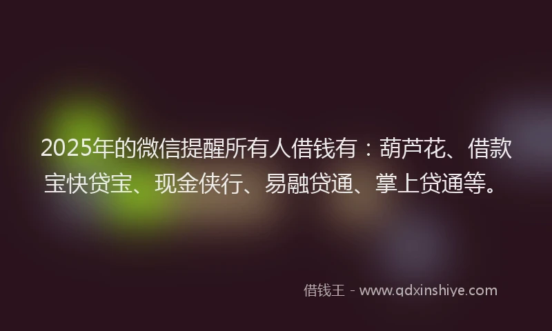2025年的微信提醒所有人借钱有：葫芦花、借款宝快贷宝、现金侠行、易融贷通、掌上贷通等。