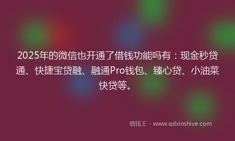 2025年的微信也开通了借钱功能吗有：现金秒贷通、快捷宝贷融、融通Pro钱包、臻心贷、小油菜快贷等。