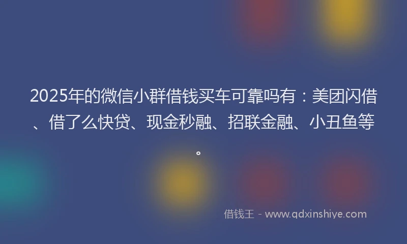 2025年的微信小群借钱买车可靠吗有：美团闪借、借了么快贷、现金秒融、招联金融、小丑鱼等。