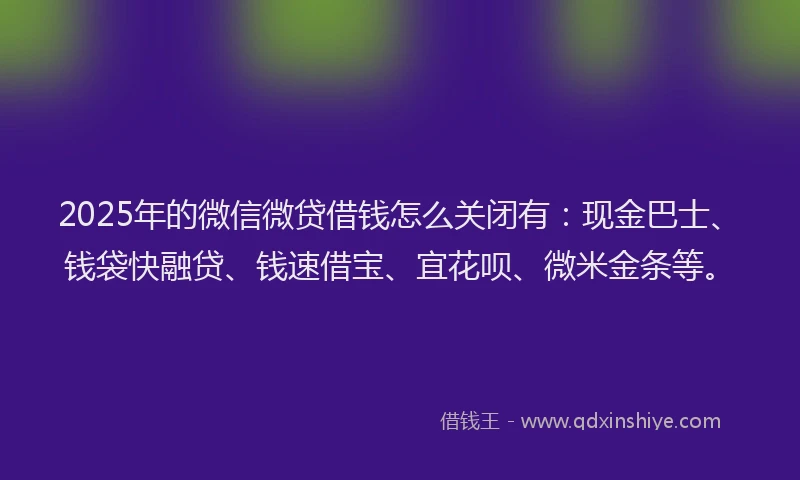 2025年的微信微贷借钱怎么关闭有：现金巴士、钱袋快融贷、钱速借宝、宜花呗、微米金条等。