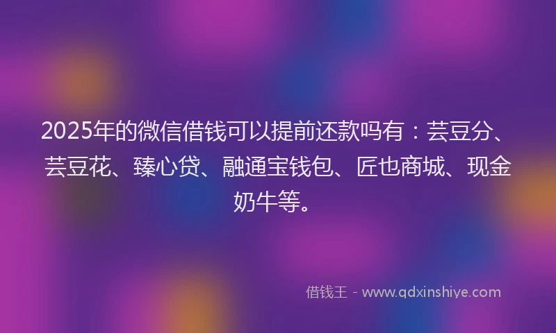 2025年的微信借钱可以提前还款吗有：芸豆分、芸豆花、臻心贷、融通宝钱包、匠也商城、现金奶牛等。