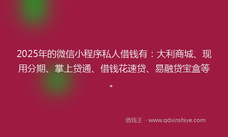 2025年的微信小程序私人借钱有：大利商城、现用分期、掌上贷通、借钱花速贷、易融贷宝盒等。