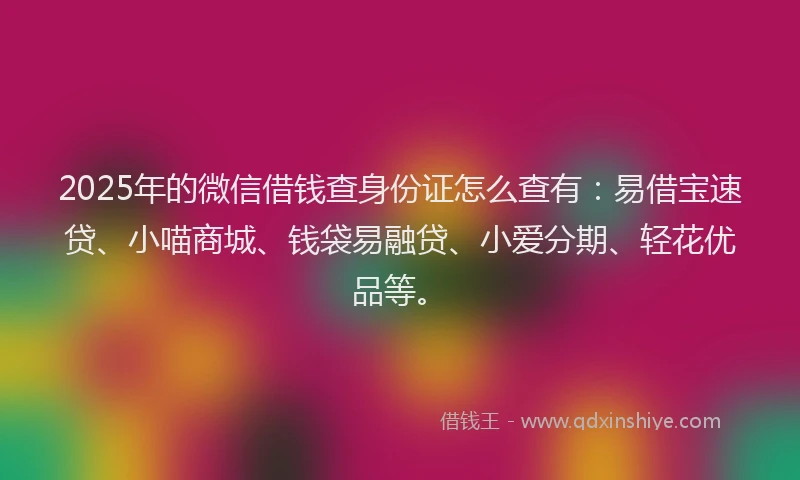 2025年的微信借钱查身份证怎么查有：易借宝速贷、小喵商城、钱袋易融贷、小爱分期、轻花优品等。