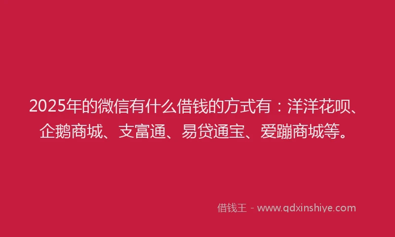 2025年的微信有什么借钱的方式有：洋洋花呗、企鹅商城、支富通、易贷通宝、爱蹦商城等。