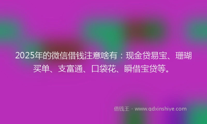 2025年的微信借钱注意啥有：现金贷易宝、珊瑚买单、支富通、口袋花、瞬借宝贷等。