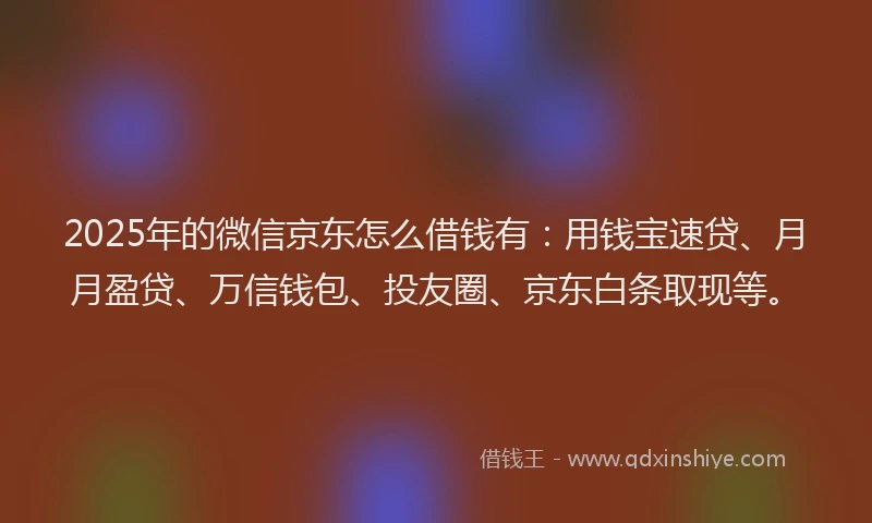 2025年的微信京东怎么借钱有：用钱宝速贷、月月盈贷、万信钱包、投友圈、京东白条取现等。