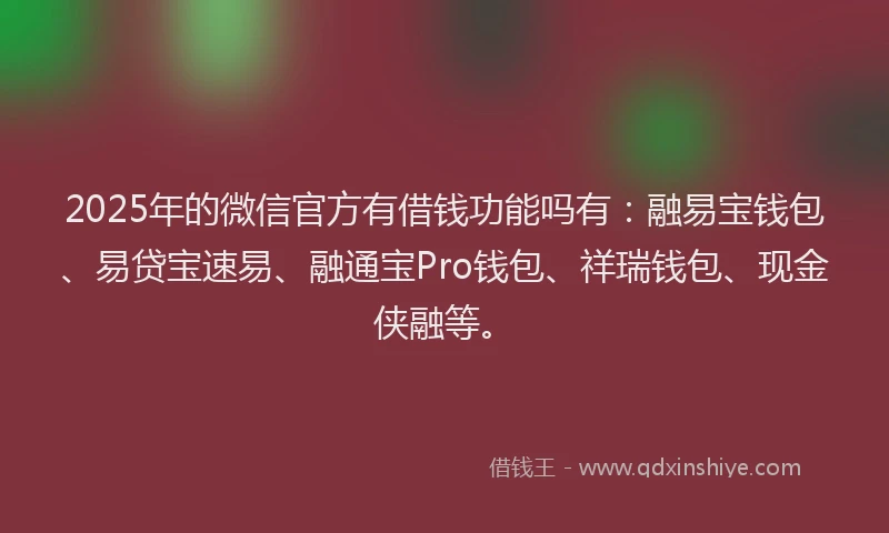 2025年的微信官方有借钱功能吗有：融易宝钱包、易贷宝速易、融通宝Pro钱包、祥瑞钱包、现金侠融等。