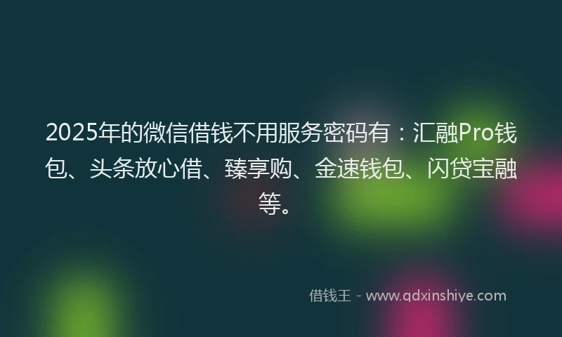 2025年的微信借钱不用服务密码有：汇融Pro钱包、头条放心借、臻享购、金速钱包、闪贷宝融等。