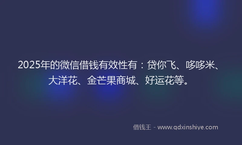 2025年的微信借钱有效性有：贷你飞、哆哆米、大洋花、金芒果商城、好运花等。