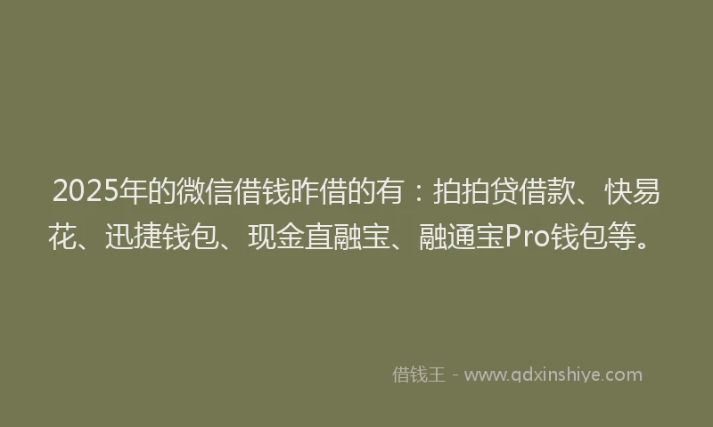 2025年的微信借钱昨借的有：拍拍贷借款、快易花、迅捷钱包、现金直融宝、融通宝Pro钱包等。