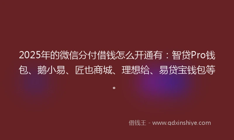 2025年的微信分付借钱怎么开通有：智贷Pro钱包、鹅小易、匠也商城、理想给、易贷宝钱包等。