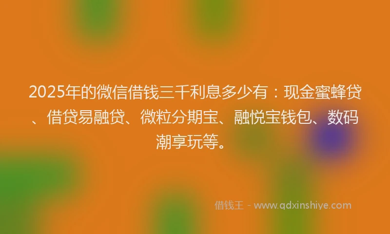 2025年的微信借钱三千利息多少有：现金蜜蜂贷、借贷易融贷、微粒分期宝、融悦宝钱包、数码潮享玩等。