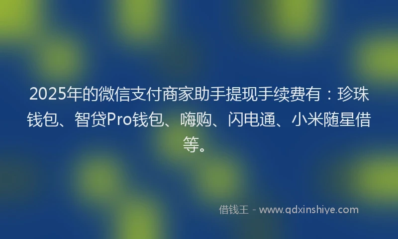 2025年的微信支付商家助手提现手续费有：珍珠钱包、智贷Pro钱包、嗨购、闪电通、小米随星借等。