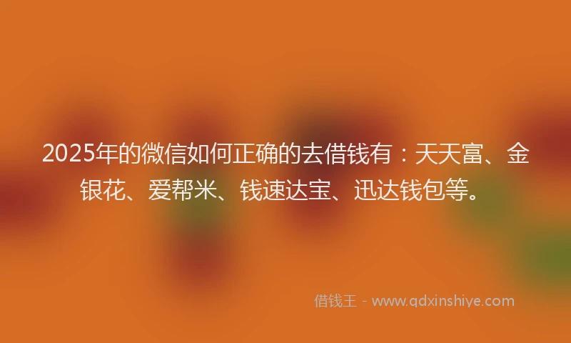 2025年的微信如何正确的去借钱有：天天富、金银花、爱帮米、钱速达宝、迅达钱包等。