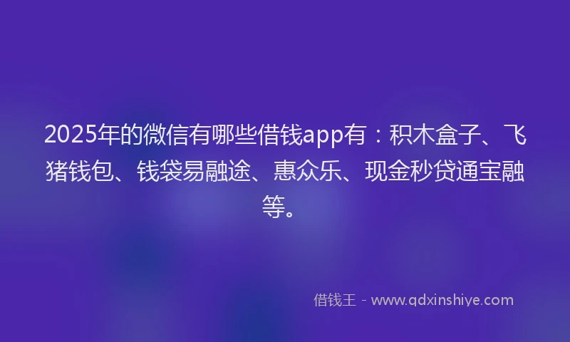 2025年的微信有哪些借钱app有：积木盒子、飞猪钱包、钱袋易融途、惠众乐、现金秒贷通宝融等。