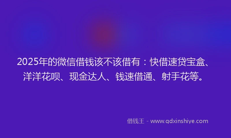 2025年的微信借钱该不该借有：快借速贷宝盒、洋洋花呗、现金达人、钱速借通、射手花等。